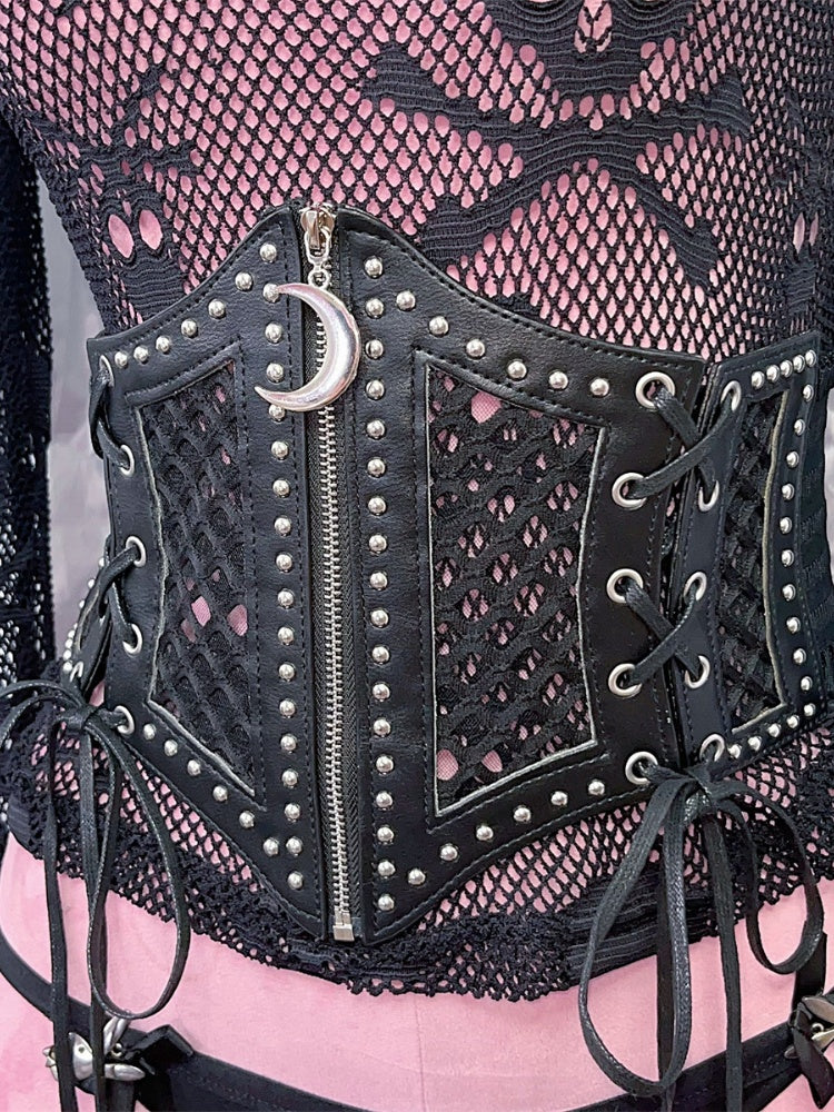 Lace-up Detail Crescent Moon Zip Black Punk Waist Corset Belt