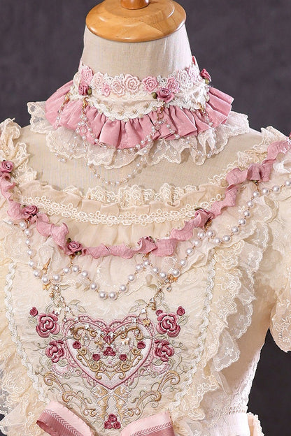 Beige Hanayome Rosette Embroidery Floral and Bead Chain Lolita OP Full Set