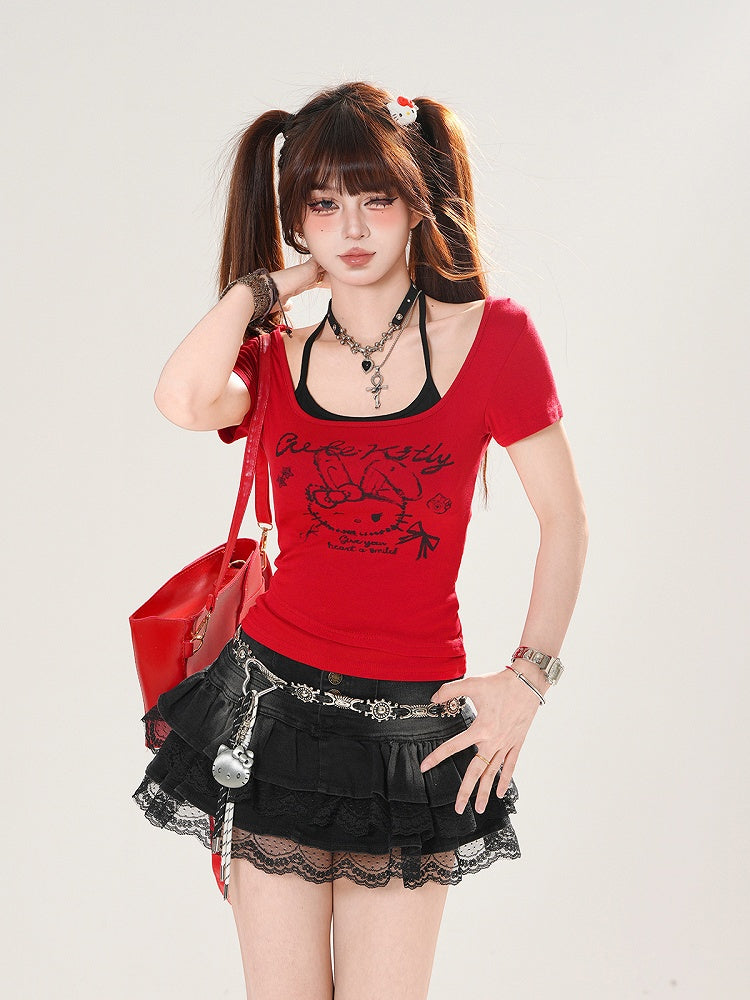 Top T-shirt Halter Print Set Bunny Red/White Neck Black with