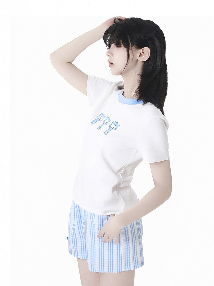 Blue  White Elastic Waist Plaid Shorts