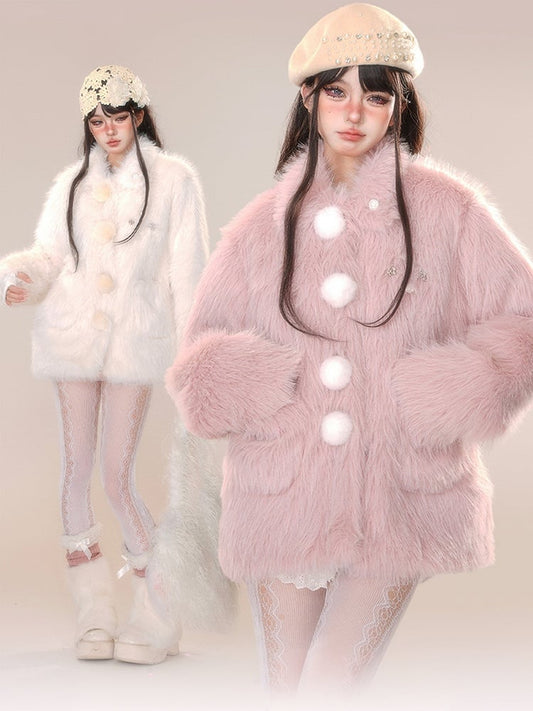 Beige Pink Pompom Detail Faux Fur Coat