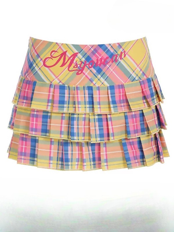 Print Colorful Skirt Y2K Pleated Pattern Plaid Letter