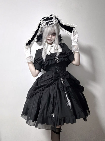 Schwarzer Lolita-Rock mit abnehmbarer Taille und Gothic-Overlay im Pullover-Stil mit Kordelzug