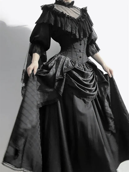 Schwarzer Korsett-Taillenrock mit Knochen und hoher Taille, Aristokratischer Gothic-Lolita-Rock