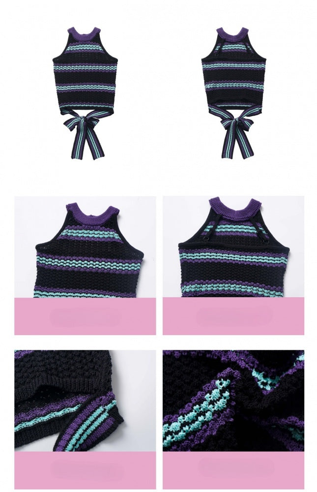 Black and Purple Green Halter Neck Knit Vest