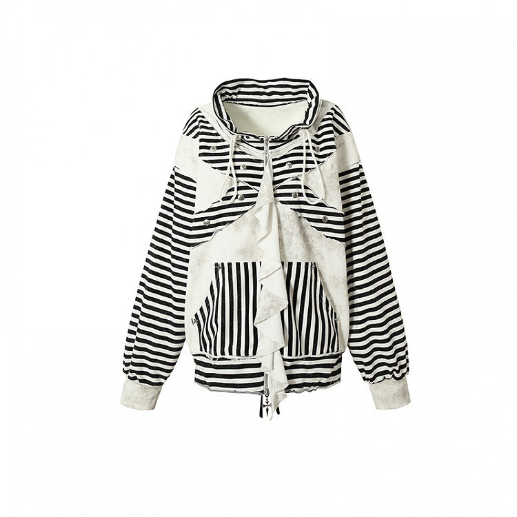 Black&White Stripe Pattern Jacket with Flounce Hem