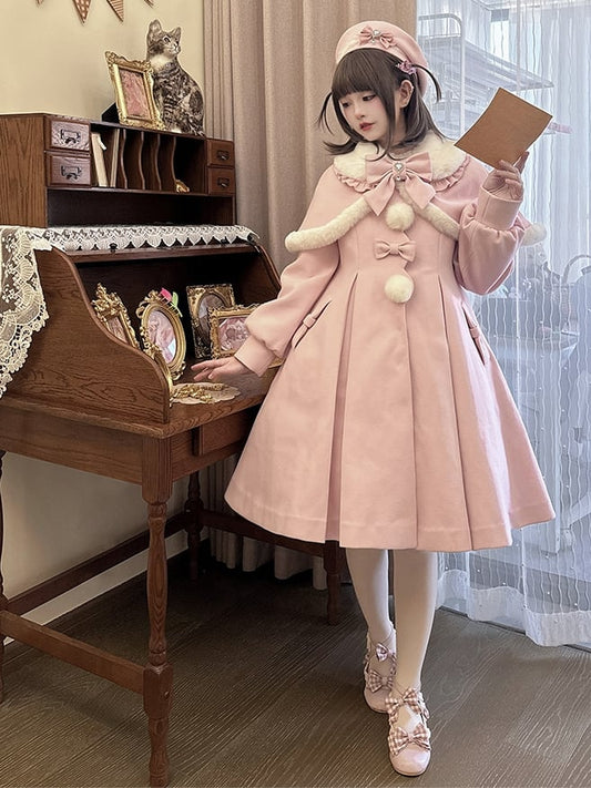 Elegant Cape and Collar Coat Peter Detachable Kei Long Plush Pan Pink with Jirai