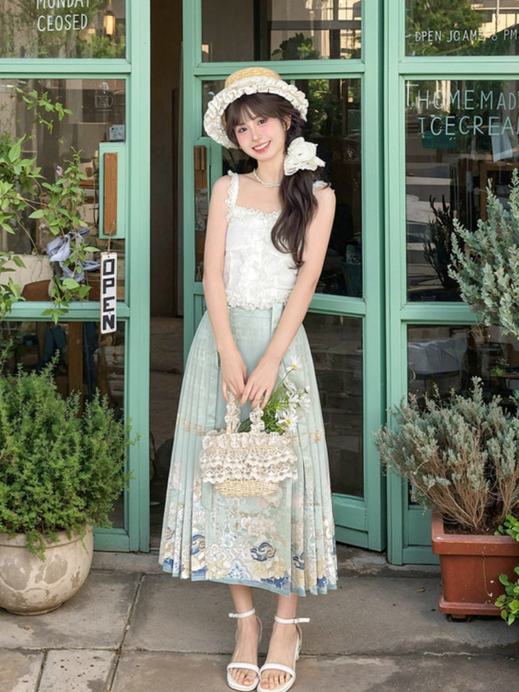 Cheongsam Jacquard Horse-face Embroidery Floral Style Skirt Green Pleated