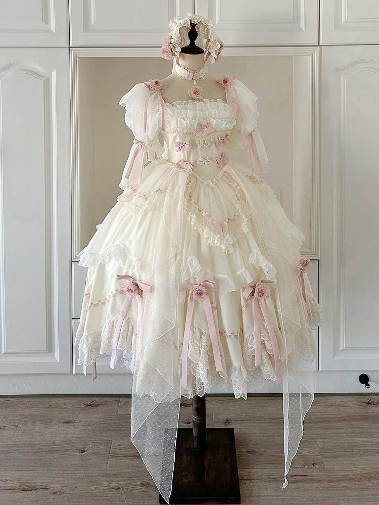 Ensemble complet Hanayome Lolita OP / avec nœuds décoratifs à la taille et basque de fée florale beige