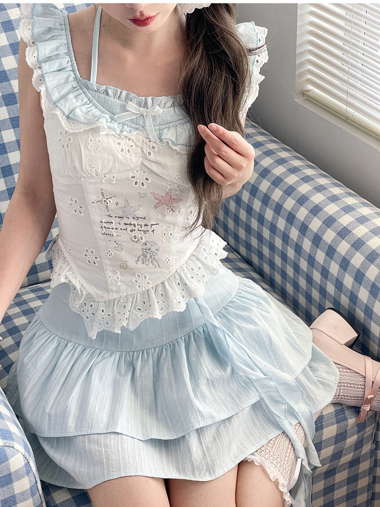 Yume Kawaii Blue Bowknot Detail Waist Tiered Skirt