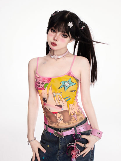 Pink Y2K Cartoon Girl Print T-Shirt/Cami Top