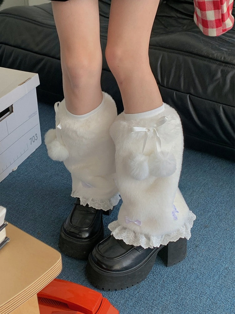 White Sweet Bowknot Lace Trim Plush Leg Warmers With Pompons