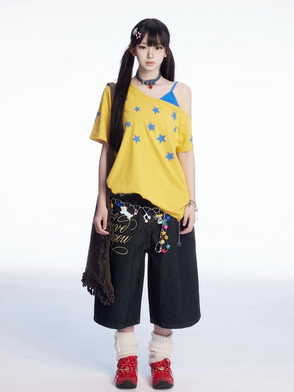 Star Faux Asymmetrisches T-Shirt Blau Print Ausschnitt Gelb