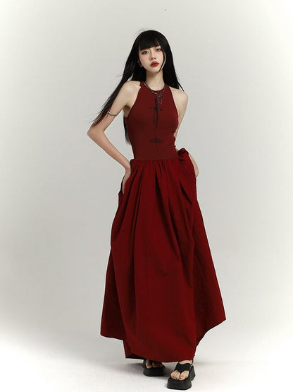 Gothic Wine Red High Waist Cross Print Backless Version Sleeveless Dress