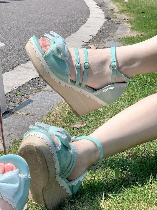 Wedges Sweet at School Bow Top Lolita Sandals Mint Old Green
