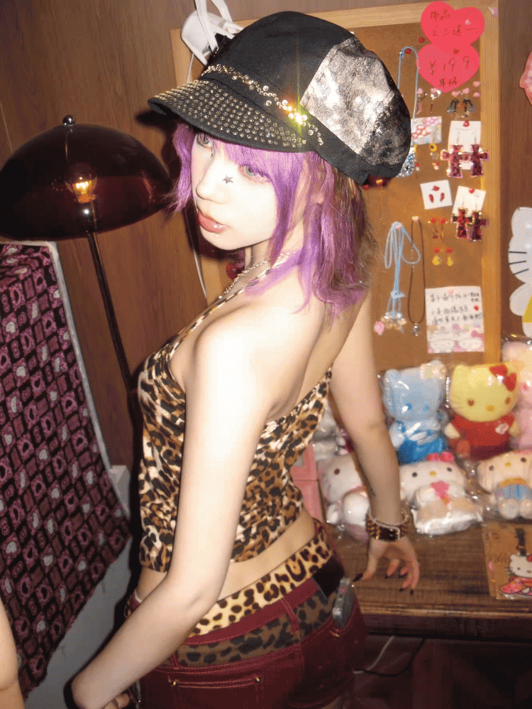 Béret Gyaru Fashion Y2K noir léopard avec gros nœud et strass
