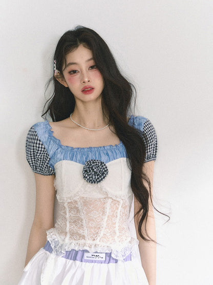 Cascading Waist Top Ruffles Off-the-Shoulder Neckline Lace Patches Blue