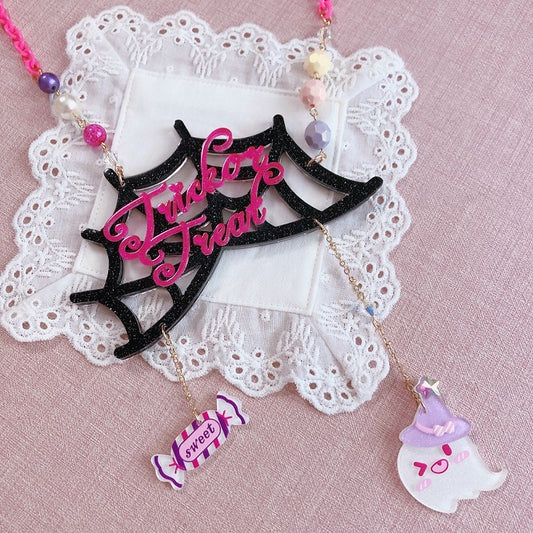 Candy Black Halskette Web Spider mit Pink Ghost Anhängern und