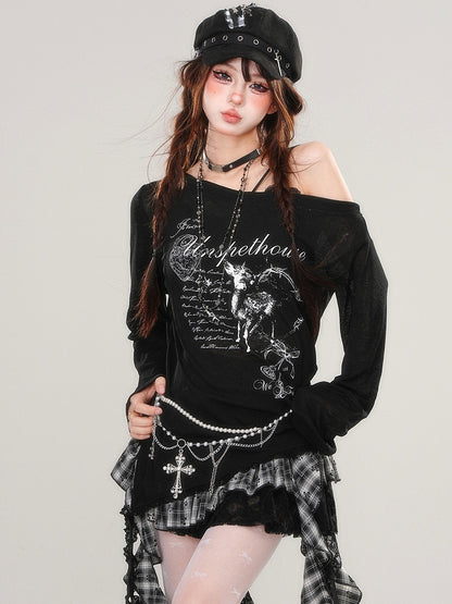 Black/White Asymmetrical Neckline Side Slit Graphic Top Lace Hem