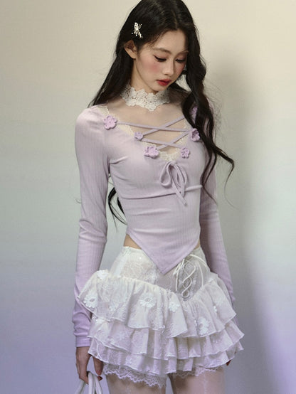 Purple Illusion Neckline Criss-cross Straps Floral Embellished Top Asymmetrical Hem