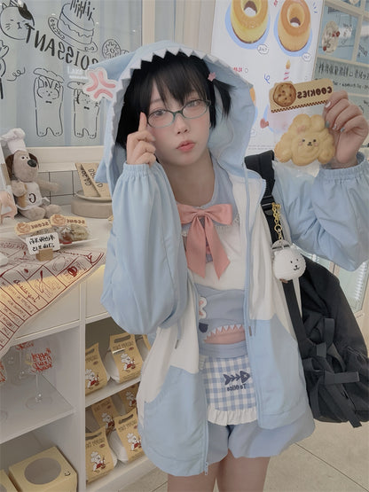 Jacket Shark Design Hood Blue and White Colorblock Design Windbreaker