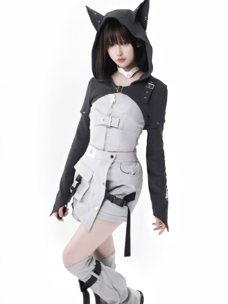 Dark Gray Wolf Ears Hooded Cropped Top