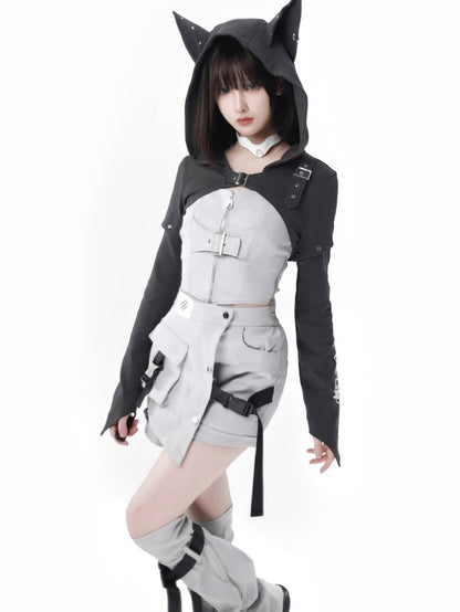 Dark Gray Wolf Ears Hooded Cropped Top