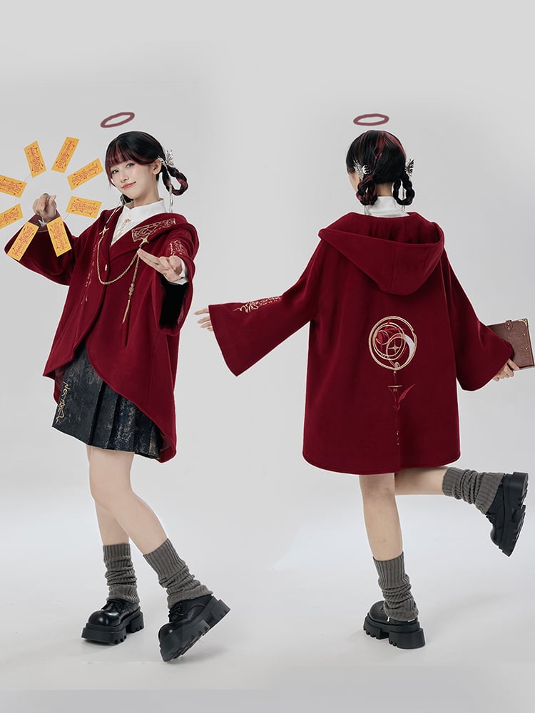 Red New Year Outfit Details Unisex Hooded Cape Coat