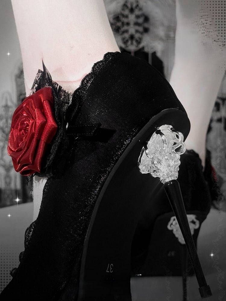 Floral Gothic Pointed Black Decorated Heels High Toe PU