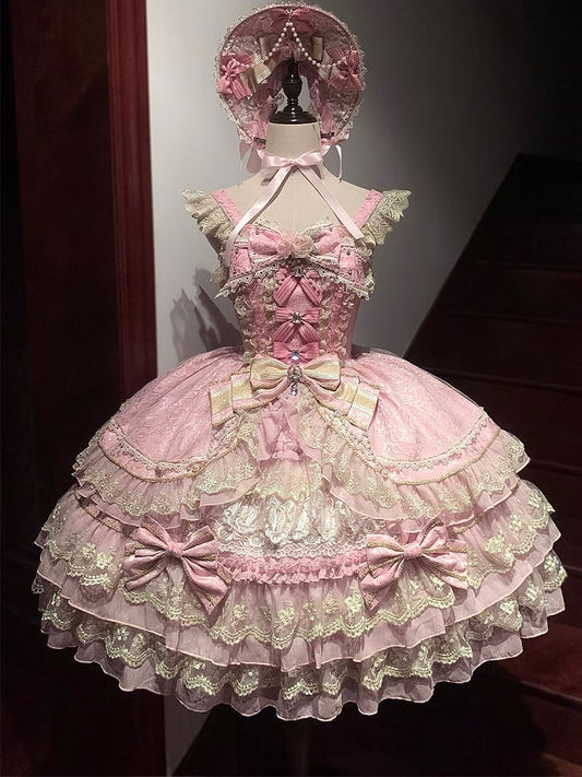Bow Chain Bead Neckline Pink Lolita Dress Princess Flower Gorgeous