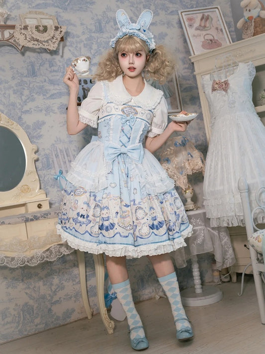 Blue Alice Bunny Lolita Dress Print Clock Sweet and