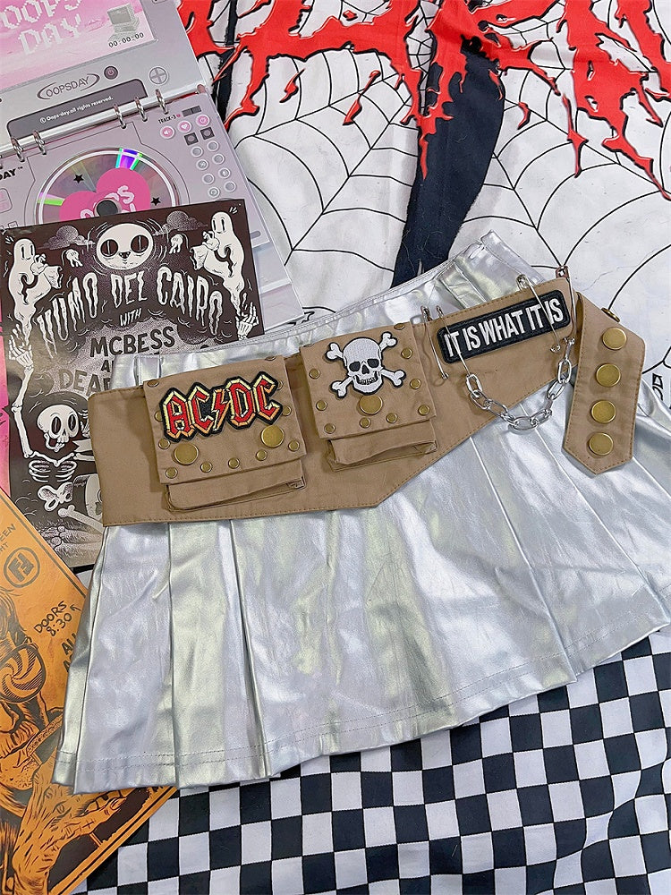 Sac banane punk kaki à chaîne et appliques squelettes