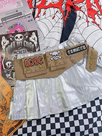 Sac banane punk kaki à chaîne et appliques squelettes