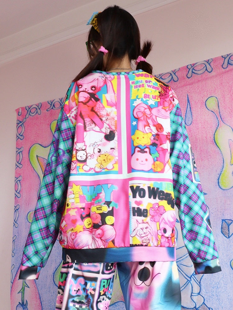 Cartoon Fashion Print Blue/Red Gyaru Plaid Pattern Sweatshirt