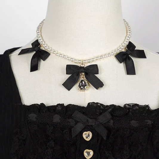 Jirai Kei Bowknots Rhinestone Beaded Necklace