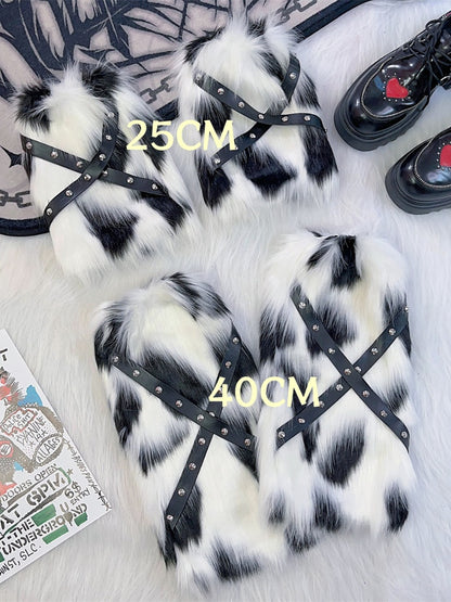 Stud Detail Strap Punk Shaggy Leg Warmers