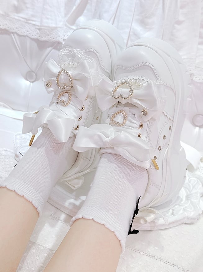 Beaded Platforms White PU Lace-Up Sparkling Jirai Rhinestone Heart Kei Detachable Leather - Bow Decor