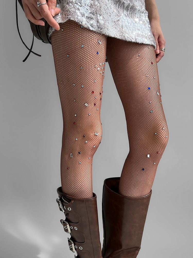 Fishnet White/Brown Rhinestone Tights Decorated