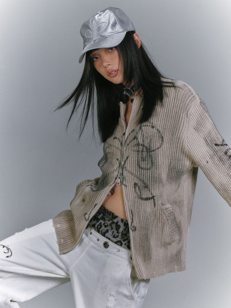 Khaki Two-Way Zip Placket Distressed Knitted Sweater Wasteland Punk