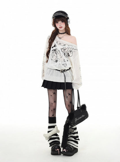 Asymmetrical Neckline Lace Black/White Sun Protection Glamorous Applique Graphic Top