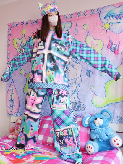 Cartoon Fashion Print Blue/Red Gyaru Plaid Pattern Sweatshirt