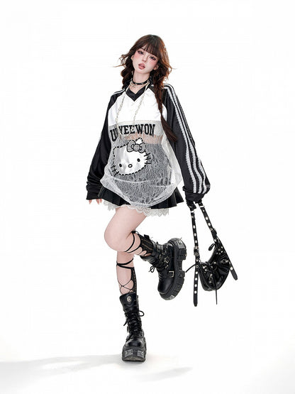 Waist Black High Box Double Buckle Lace Trim Pleat Skirt