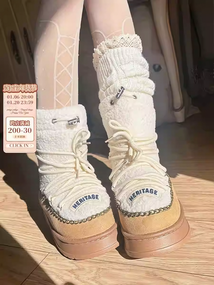Camel Heel Plush Platform Boots