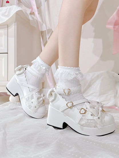 Block Platform White at Top Shoes Buckles Bow Heart Heels Jirai Kei Crisscross Design High