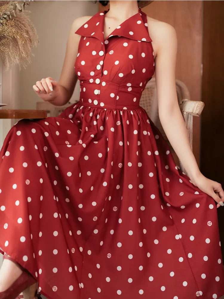 Fashion Bow Halter Polka Retro Back Print Dress Pattern Neck Red Dots Backless Big