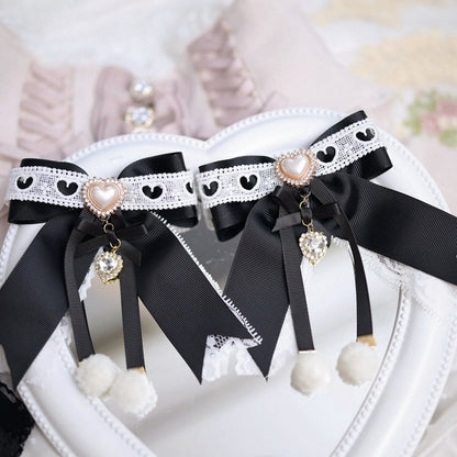 Jirai Kei Dusty Black&White Beaded Heart Lace Bowknot Hairclips