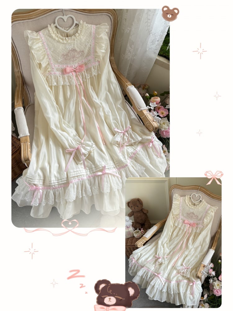 Apricot Bear Embroidery Bowknot Nightdress