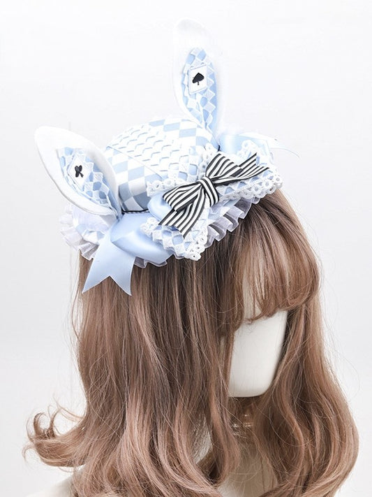 Lolita Bunny Ears Striped Hat Blue White with Mini Bow Plaided