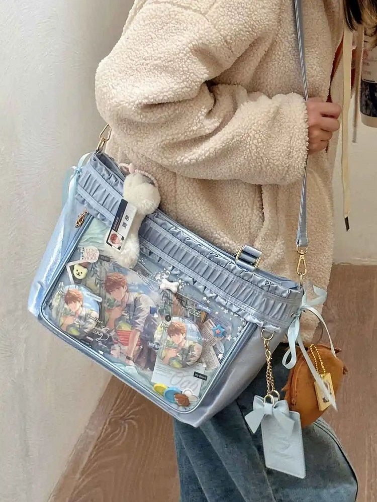 Capacity Tote Ruffled Ribbon Bow Large Ita Bag Trim Blue