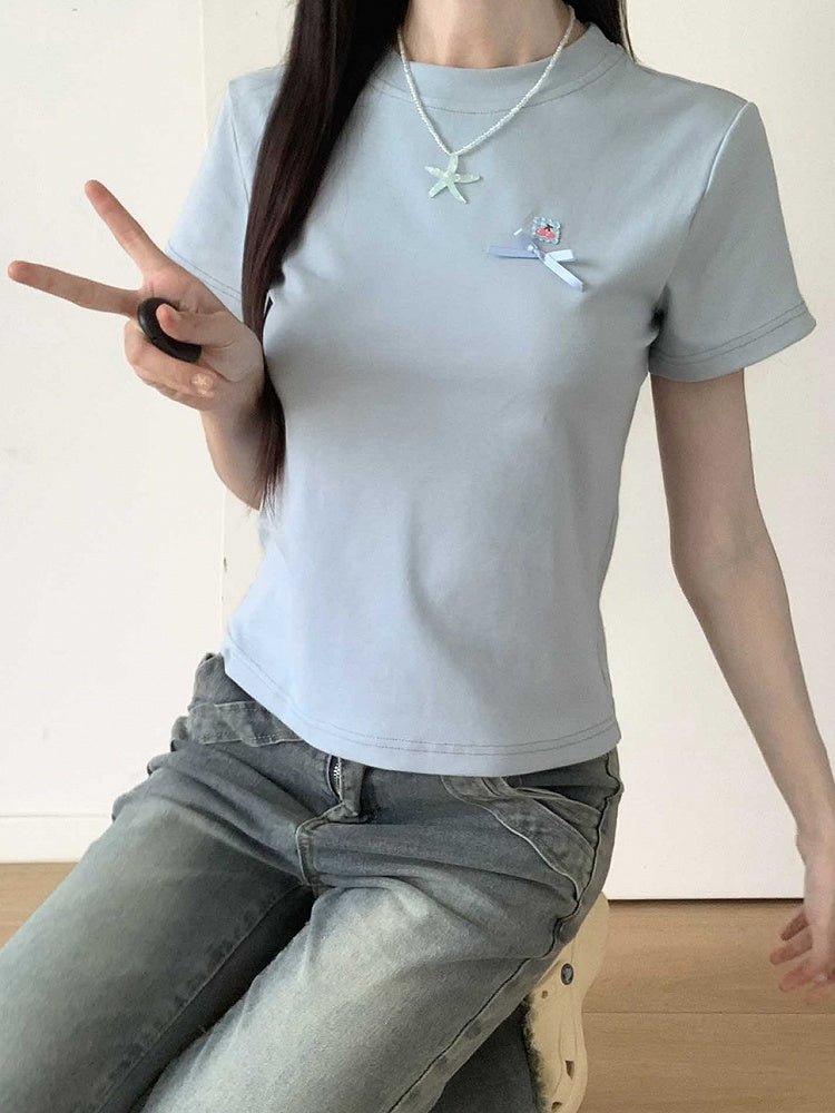 T-Shirt Round Neck Bowknot Detail Blue
